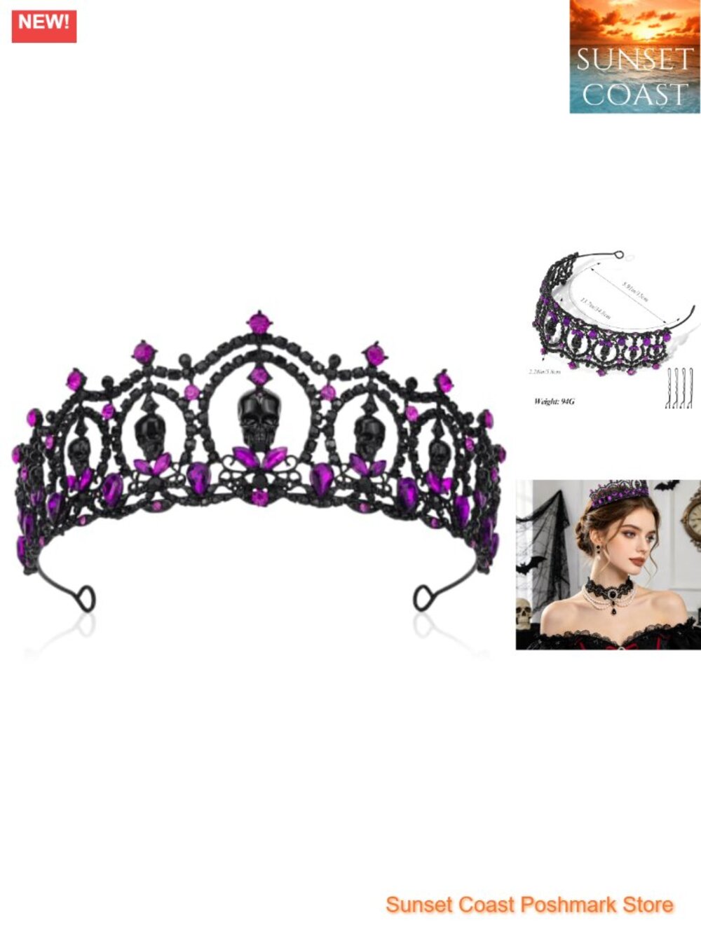 Gothic Skull Tiara Halloween Crystal Crown for Women Headband Cosplay